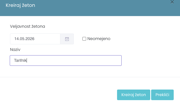 Nastavitve novega API žetona